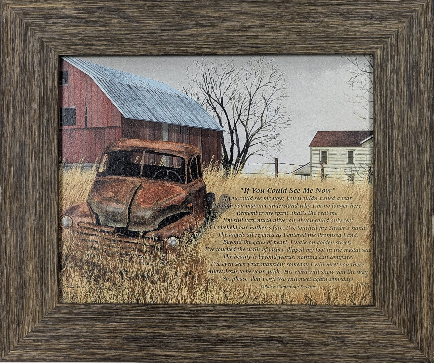 Framed artwork of a rustic scene with an old car and barn on a white background