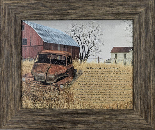 Framed artwork of a rustic scene with an old car and barn on a white background
