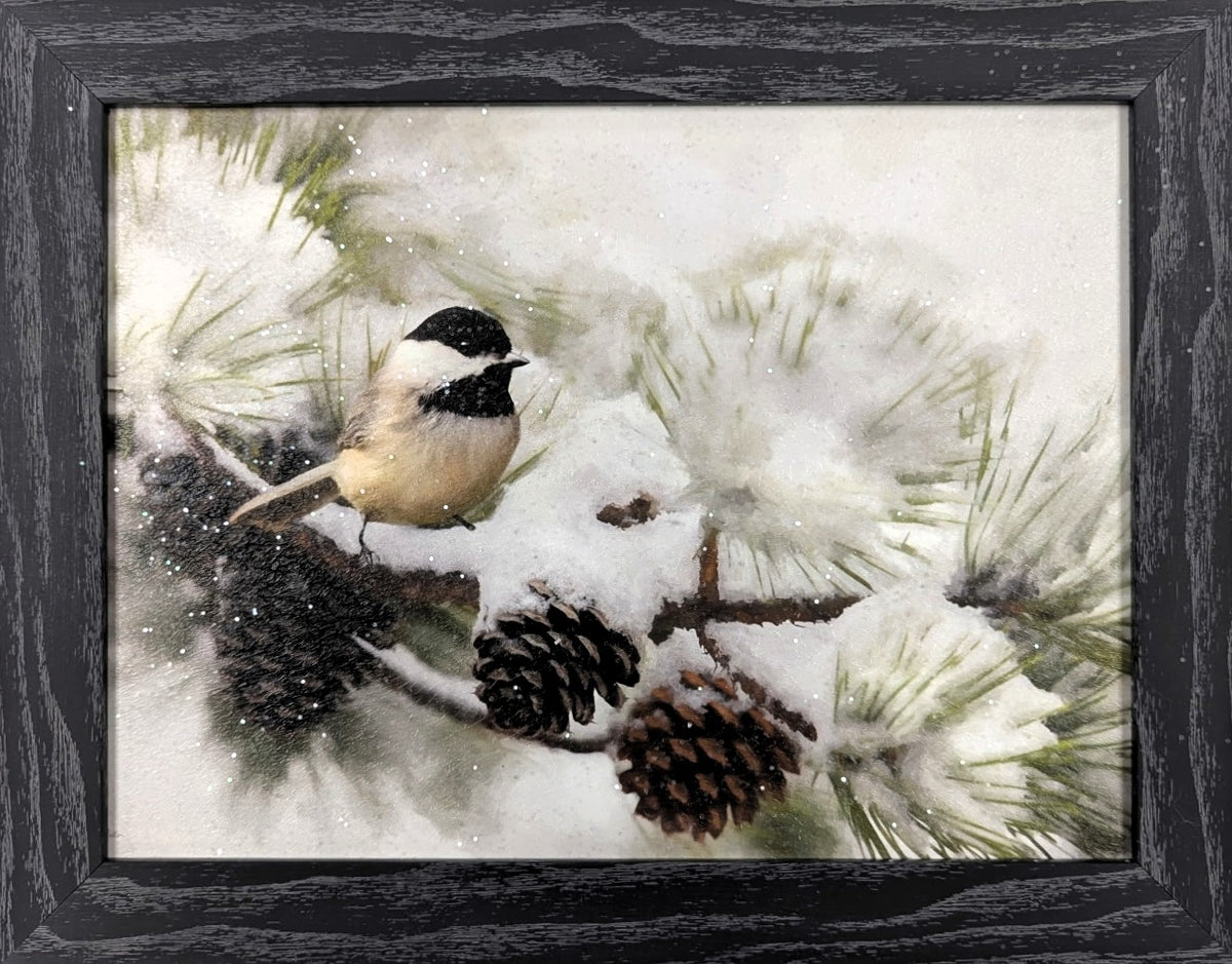Chickadee on Snowy Pine – Christmas Wall Art