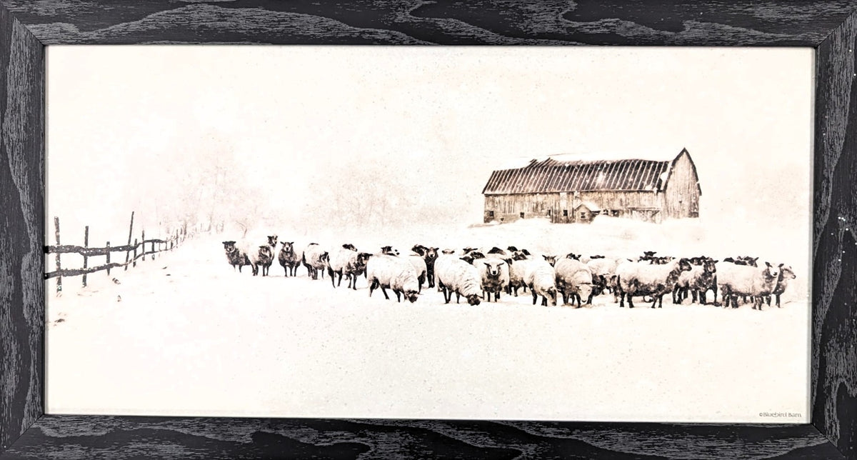 Sheep by the Winter Barn – Christmas Wall Art