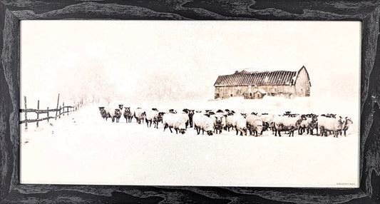 Sheep by the Winter Barn – Christmas Wall Art