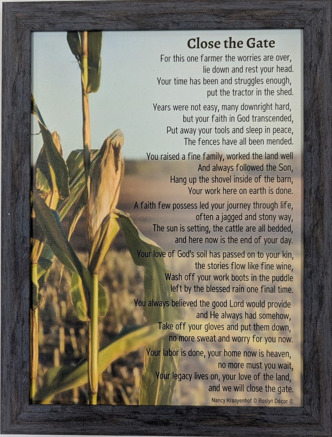 Framed poem titled 'Close the Gate' with a natural background