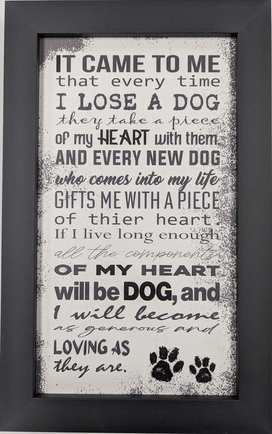 Framed text print with a quote about dogs on a light gray background