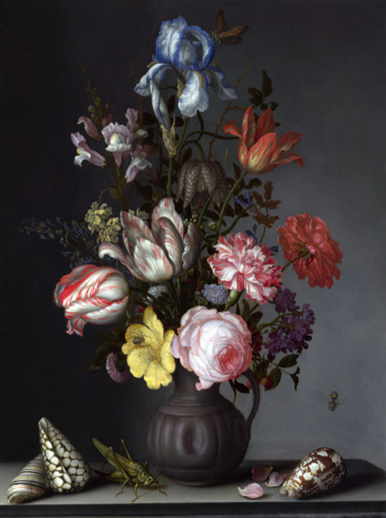 FLOWERS IN VASE WITH SHELLS AND INSECTS