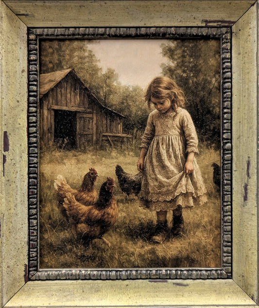 Girl With Chickens IV – Vintage Wall Art