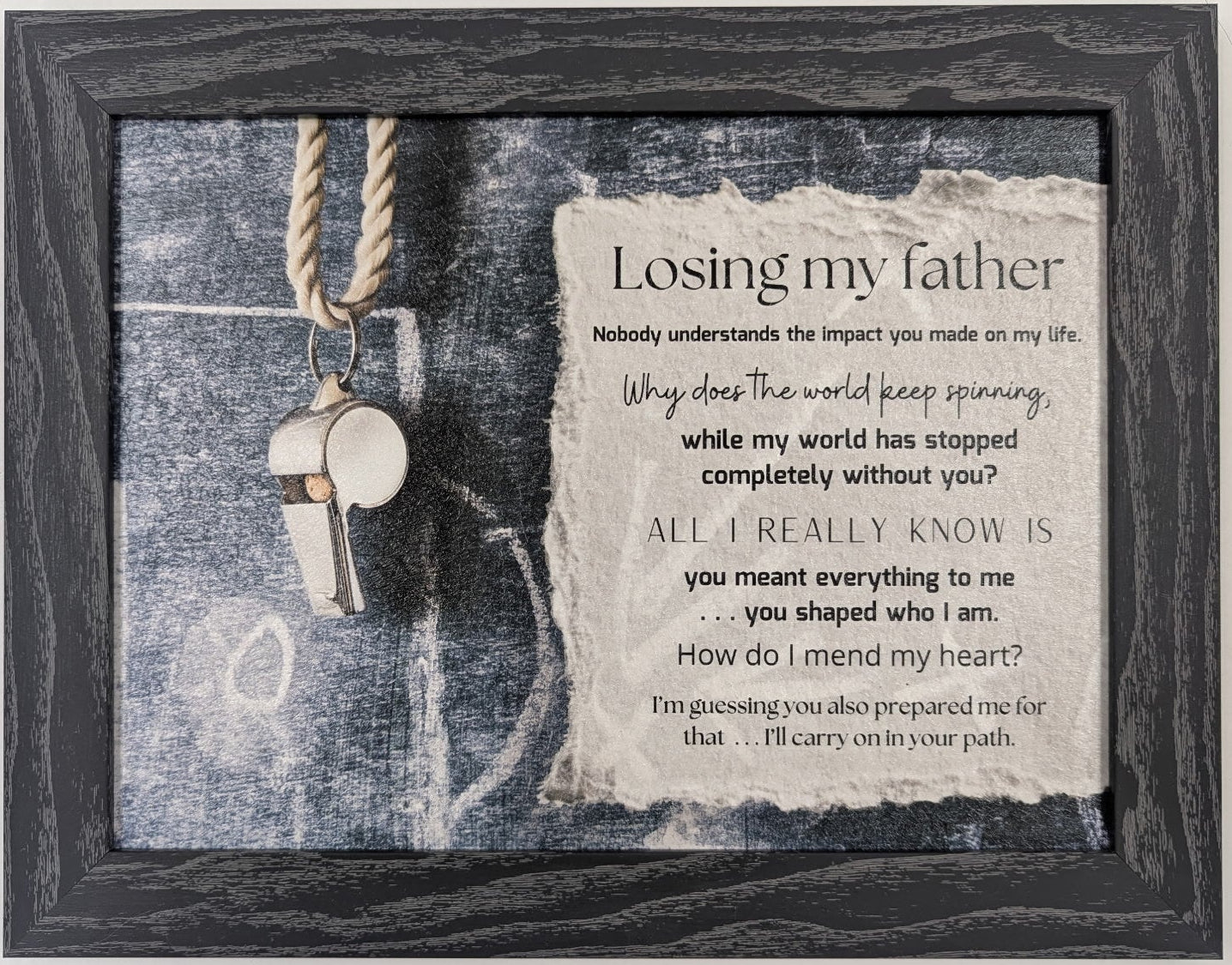 Framed artwork with a necklace and poem on a light background