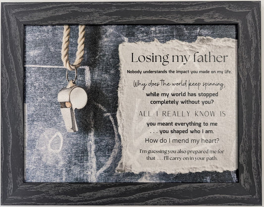 Framed artwork with a necklace and poem on a light background