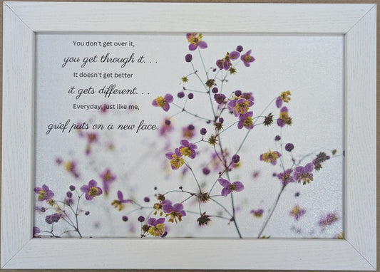 Framed artwork with flowers and motivational text on a white background