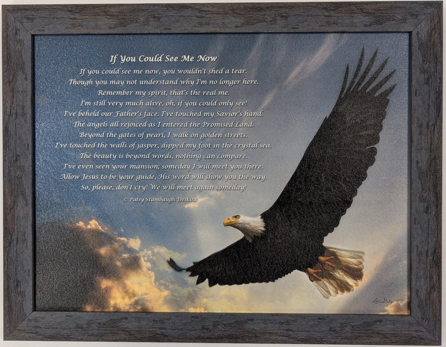Framed artwork with an eagle and text on a cloudy sky background