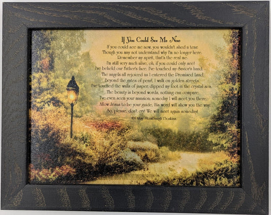 Framed artwork with a scenic landscape and text on a white background
