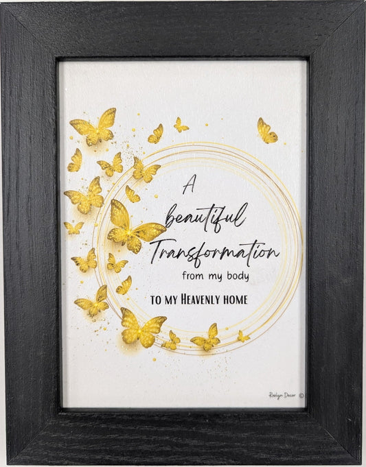 Framed artwork with yellow butterflies and text on a white background