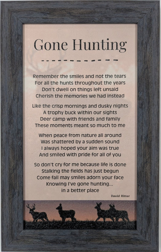 Framed poem titled 'Gone Hunting' with deer silhouettes on a light background