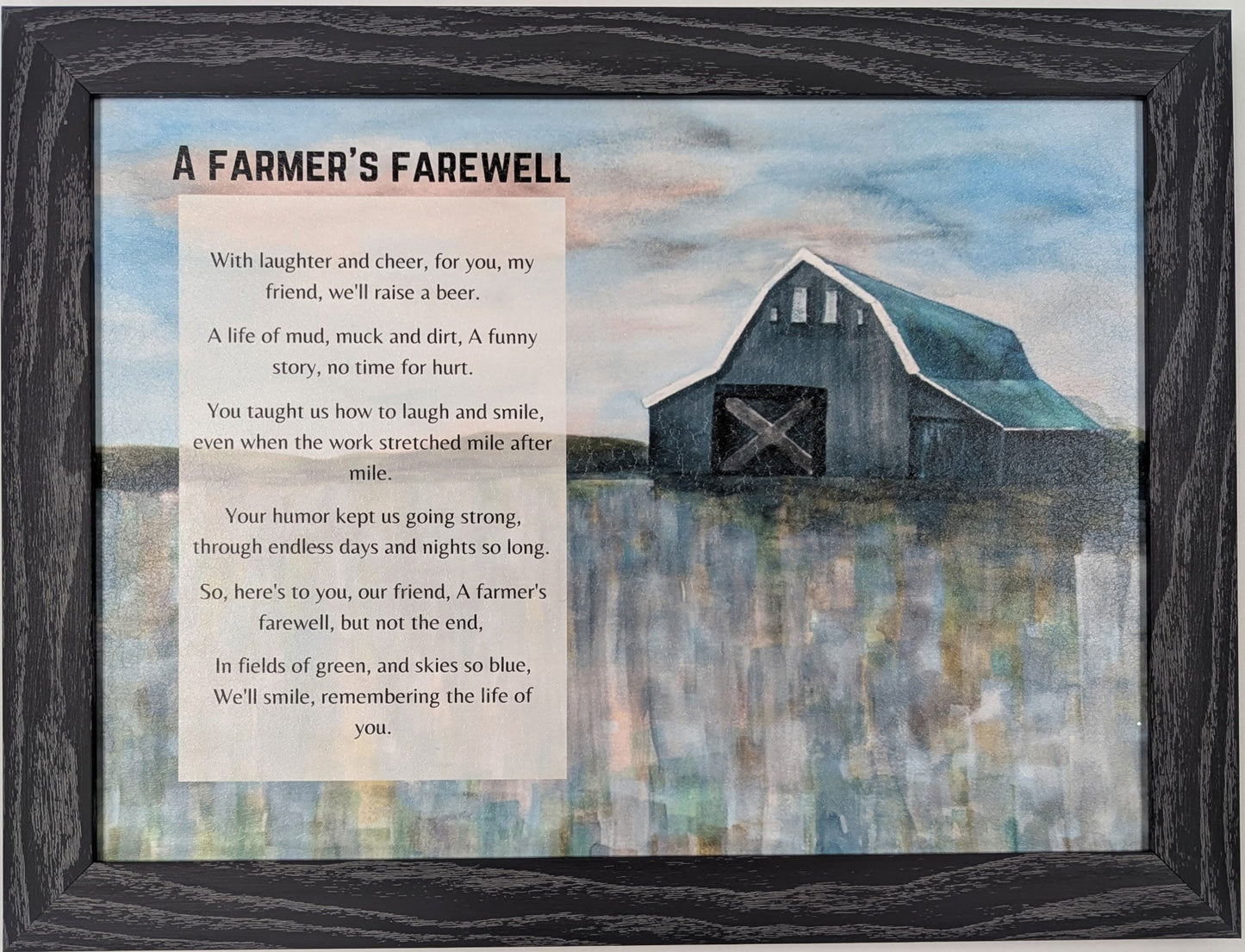 Framed artwork with a barn painting and text on a white background