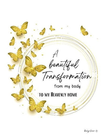 Gold butterflies around a circular design with text on a white background