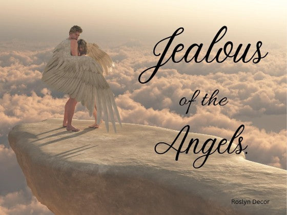Two people in angel wings standing on a cloud with 'Jealous of the Angels' text.