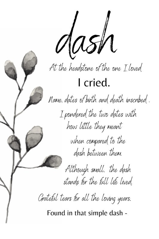 Poem about a dash at a headstone with black text on a white background