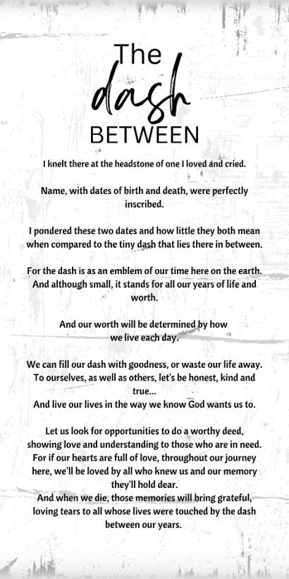 Textual poem titled 'The Dash Between' on a white background