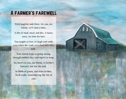 Poem titled 'A Farmer's Farewell' with a painting of a barn by a lake.