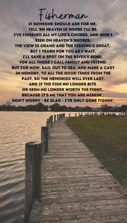 Wooden dock extending into a body of water with a scenic view, overlaid with a fishing-themed poem.