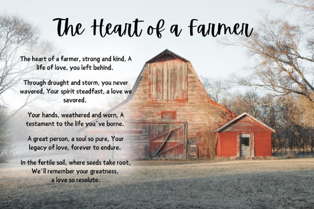 Red barn with a poem titled 'The Heart of a Farmer' on a snowy landscape.