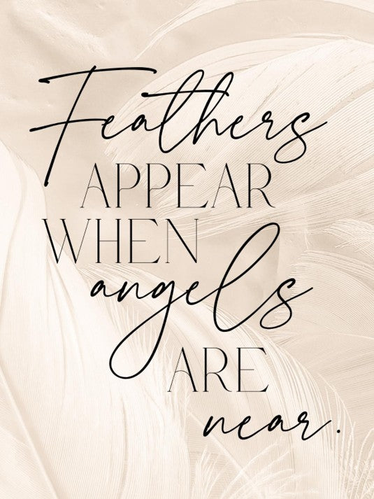 Text 'Feathers appear when angels are near' on a soft beige background with feather designs.