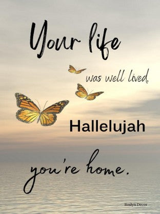 Butterflies flying against a sunset sky with inspirational text on a wooden surface.