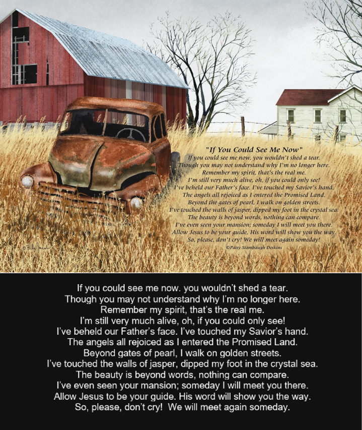 Rustic scene with a red barn, old car, and text overlay on a gray background