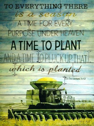 Combine harvester in a field with a wooden background and text quote.