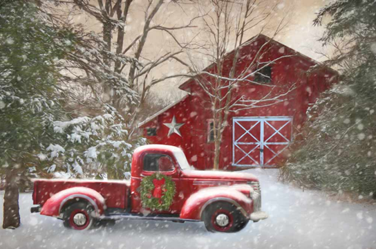 Vintage Red Truck at the Barn – Christmas Wall Art