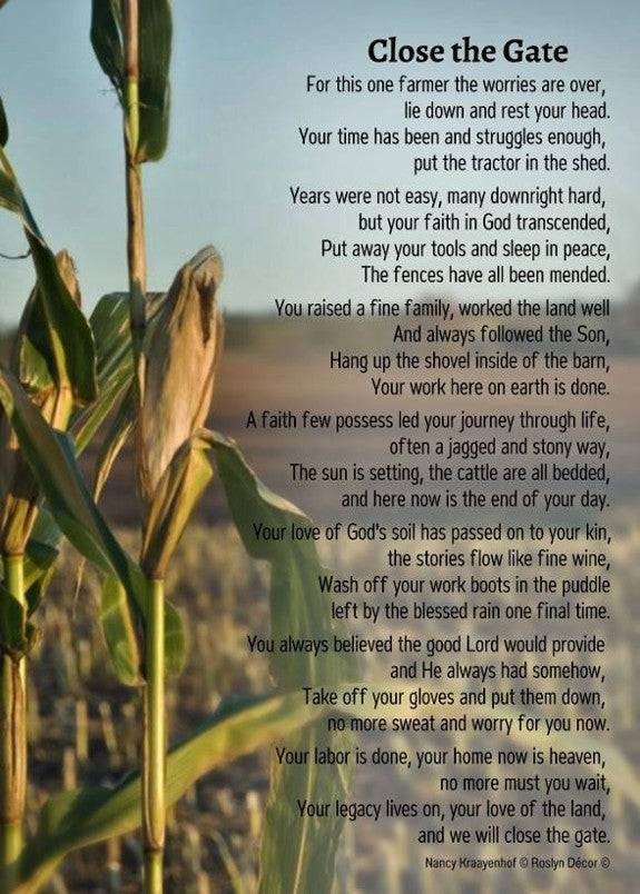 Poem titled 'Close the Gate' with a background of corn plants.