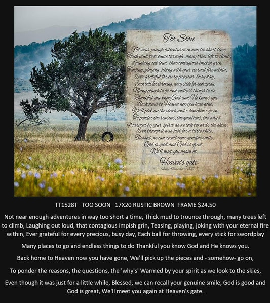 Tree in a field with a rustic frame containing text overlaying the image.