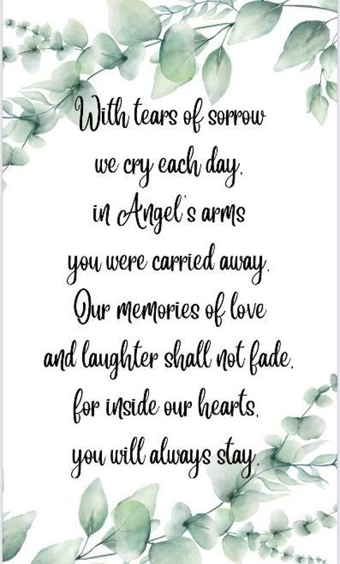 Memorial card with text and eucalyptus leaves on a white background