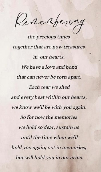 Memorial card with a heartfelt message on a light background