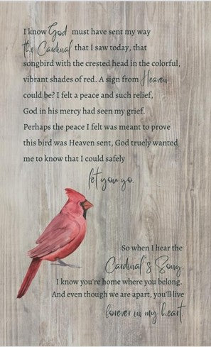 Red cardinal bird illustration with text on a wooden background