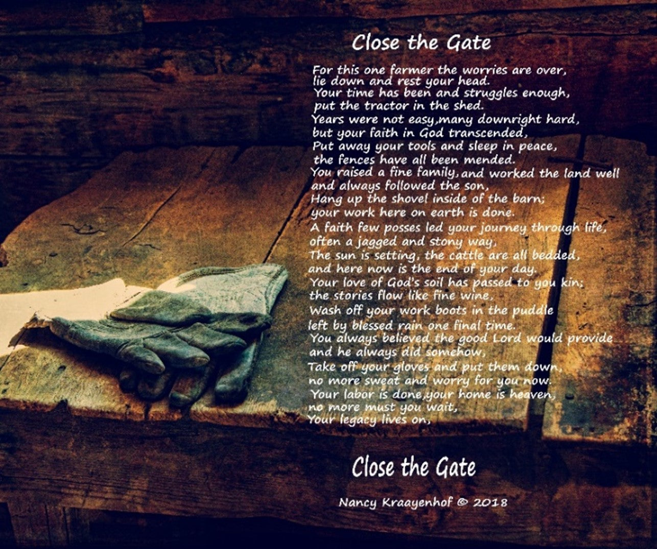 Poem titled 'Close the Gate' by Nancy Kraayenhof on a wooden surface with a green cloth.